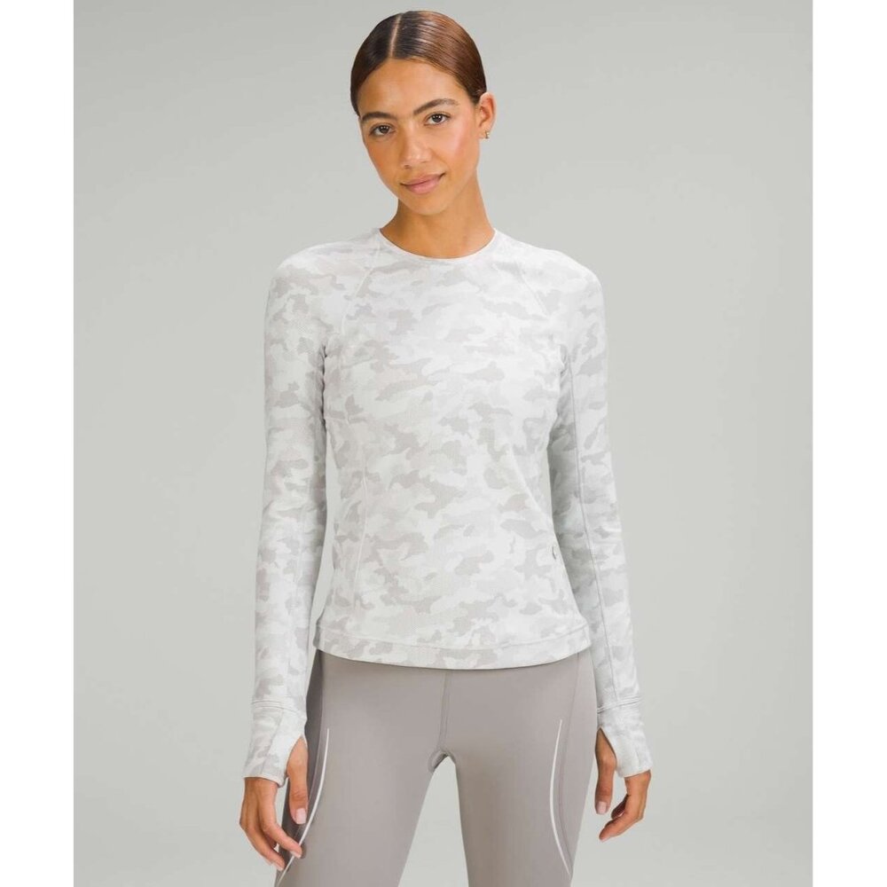 lululemon athletica Women's Long Sleeve Camo Crew Top in Light Gray and White